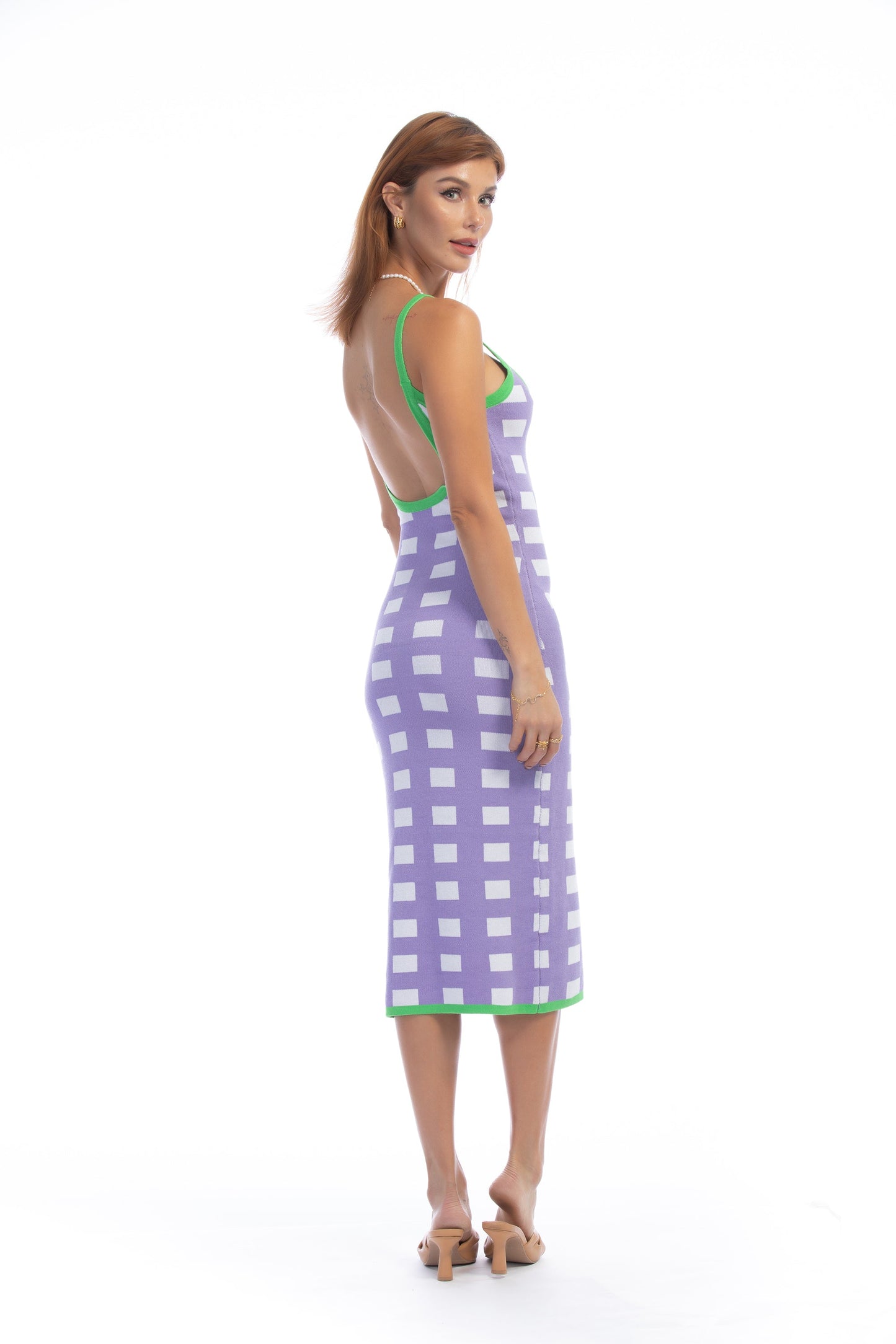 Free Shipping For Purple Plaid Green Trim Knit Tight Maxi Dress