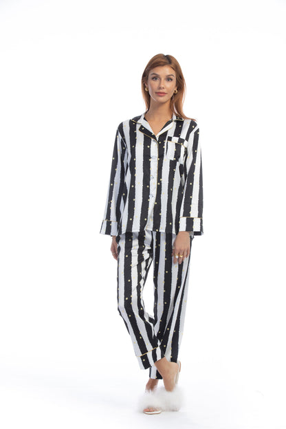 Free Shipping For Black Stripe Golde Stars Print Silky Satin Pajamas Set