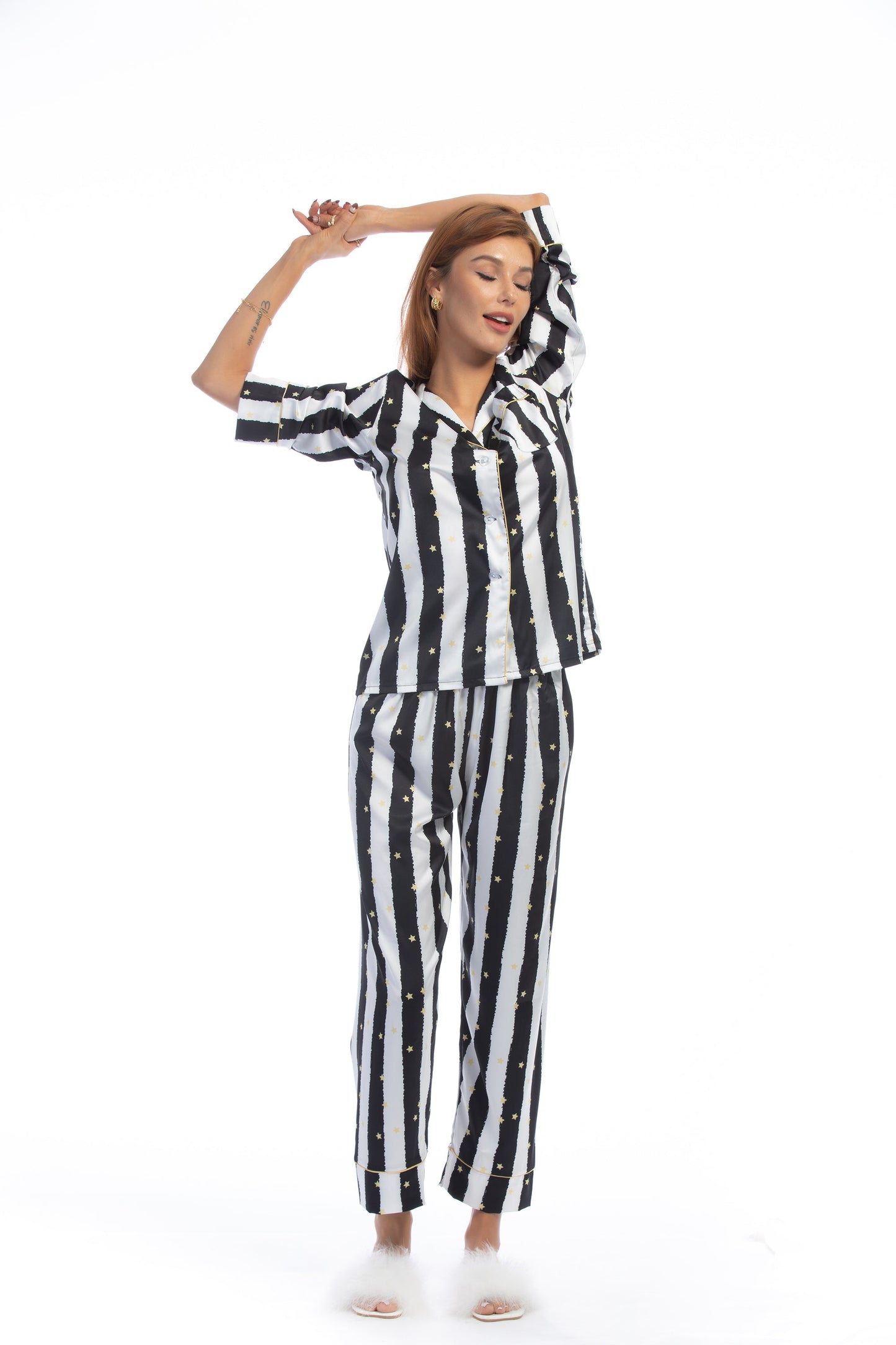 Free Shipping For Black Stripe Golde Stars Print Silky Satin Pajamas Set