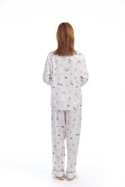 Free Shipping For White Cartoon Print Silky Satin Pajamas Set