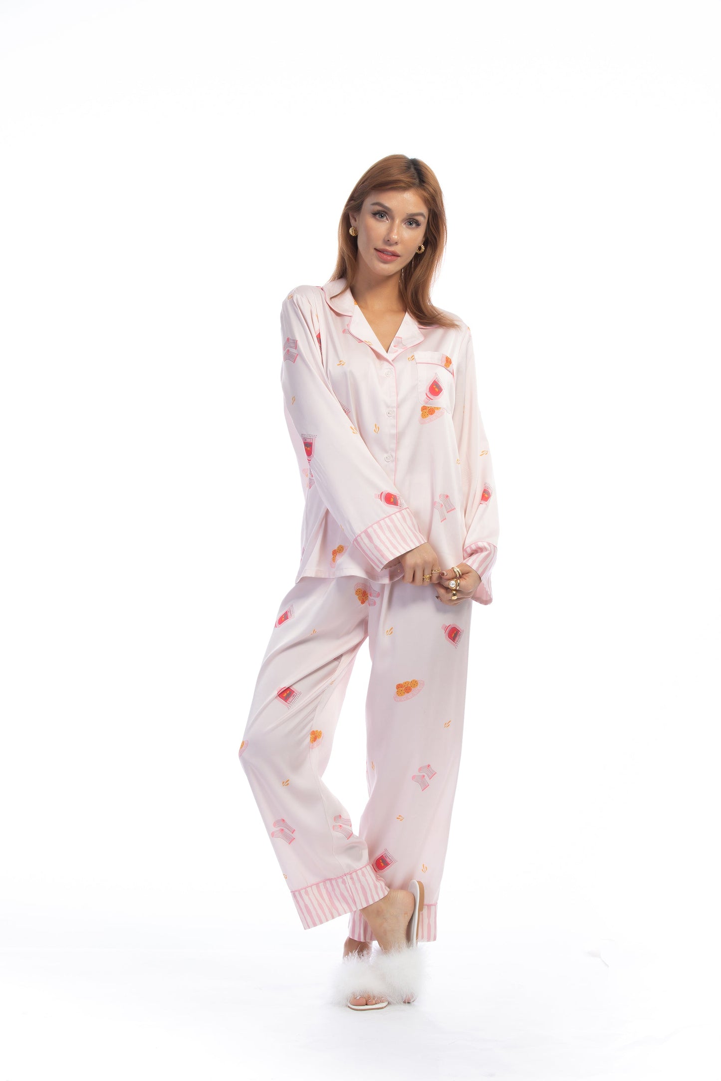 Free Shipping For Cute Pink Stripe Pattern Silky Satin Pajamas Set