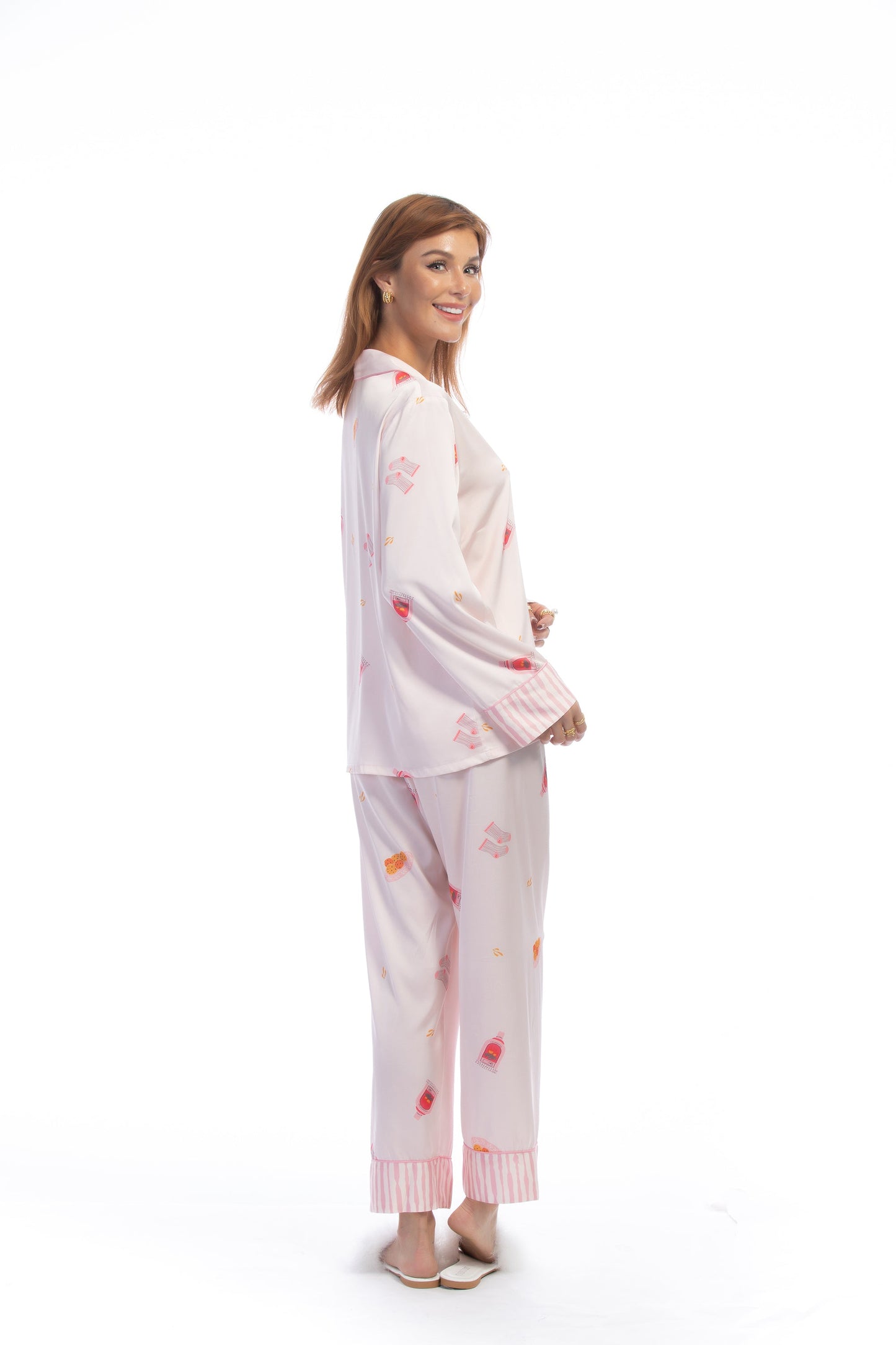 Free Shipping For Cute Pink Stripe Pattern Silky Satin Pajamas Set