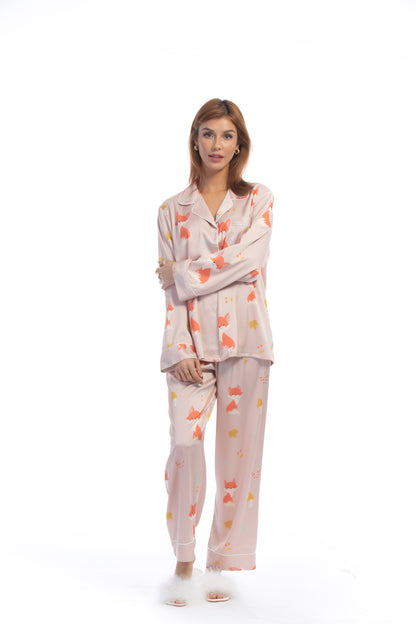 Free Shipping For Pink Fox Print Silky Satin Pajamas Set