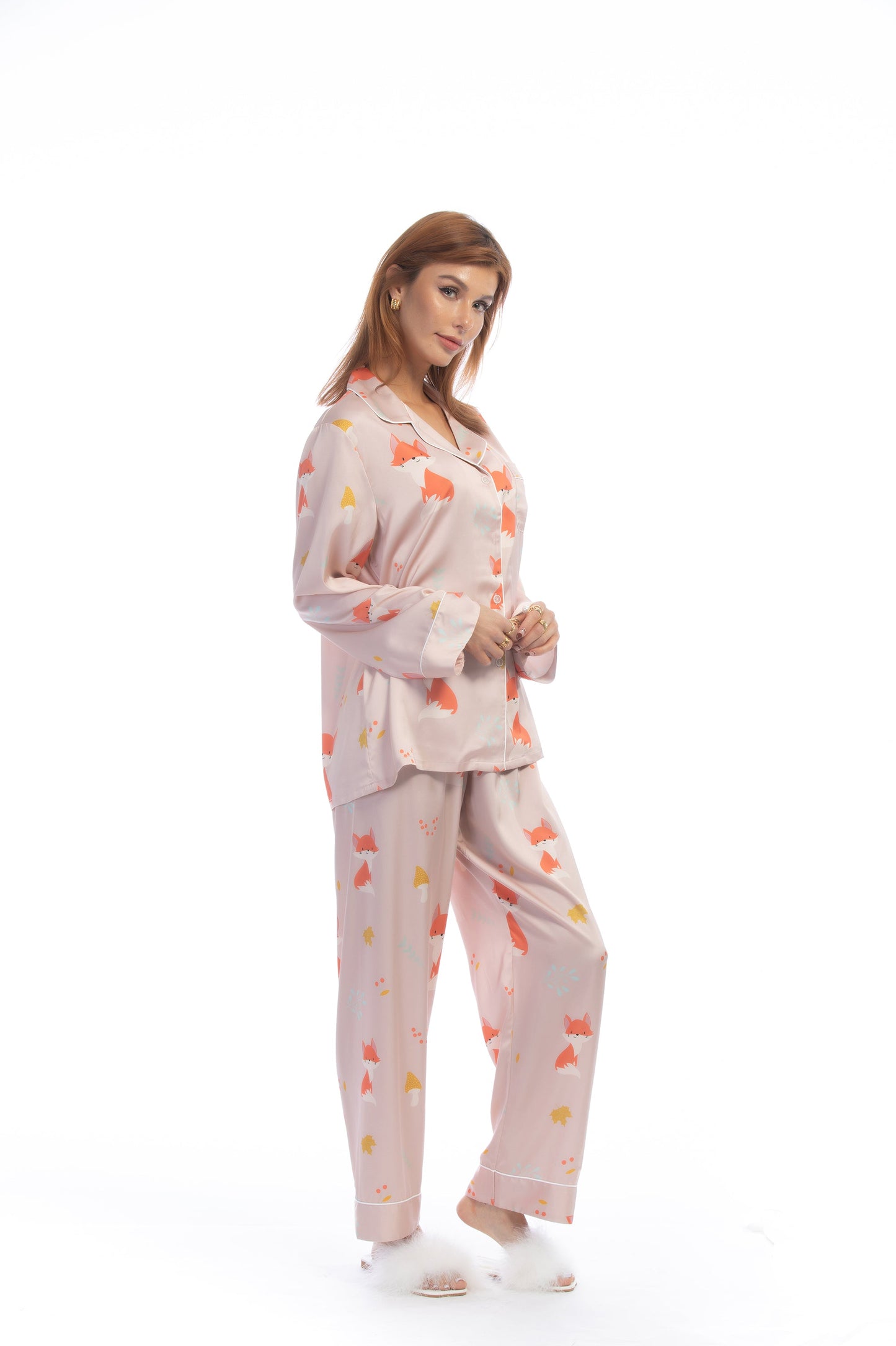 Free Shipping For Pink Fox Print Silky Satin Pajamas Set