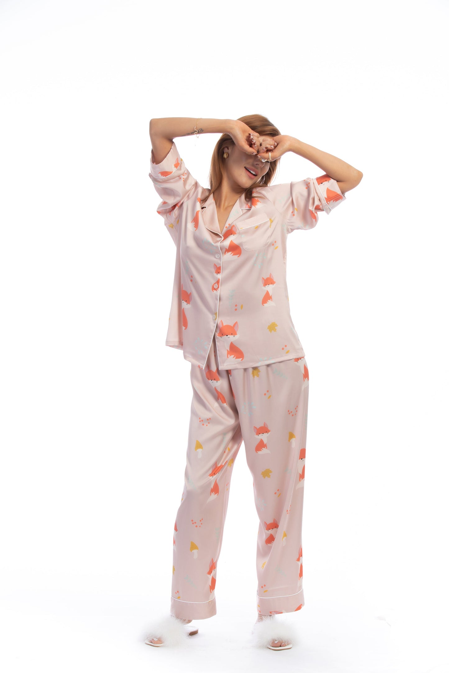 Free Shipping For Pink Fox Print Silky Satin Pajamas Set