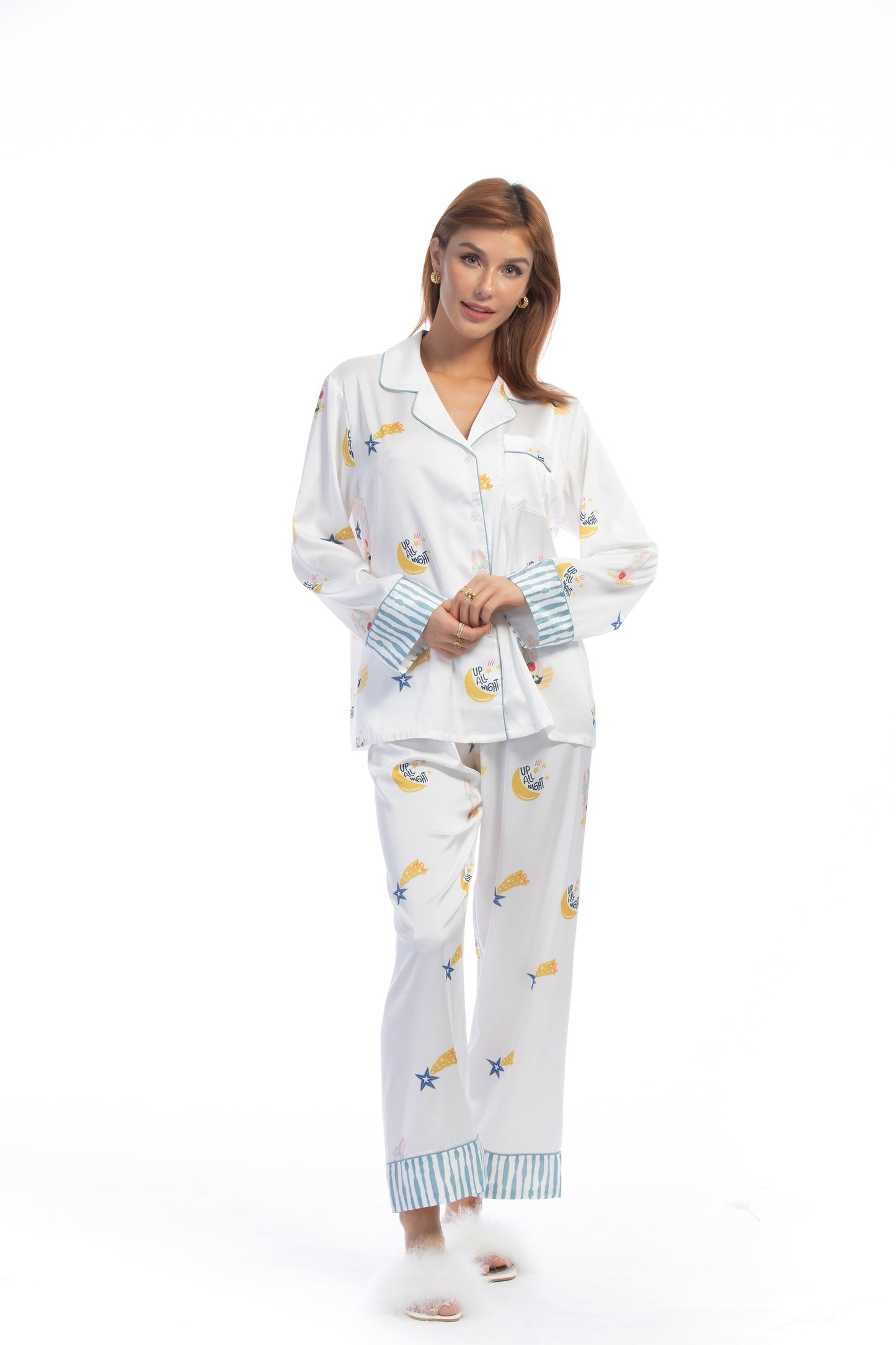 Free Shipping For Blue Stripe Cartoon Print Silky Satin Pajamas Set