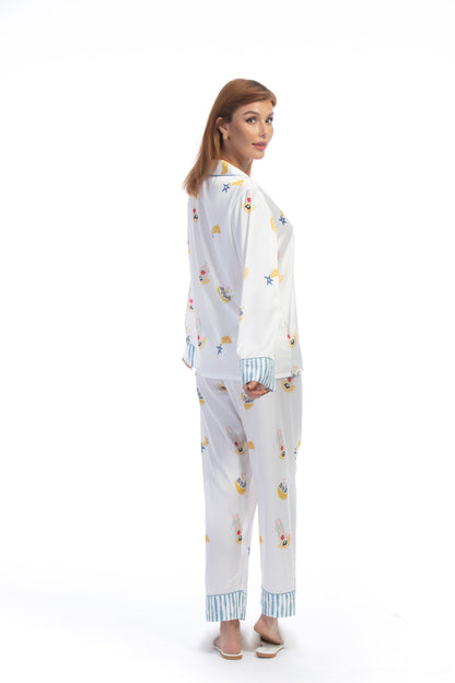 Free Shipping For Blue Stripe Cartoon Print Silky Satin Pajamas Set