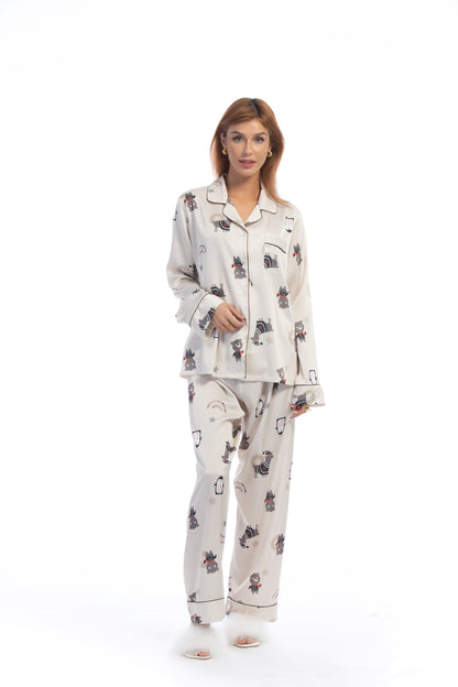 Free Shipping For Cute Animal Print White Silky Satin Pajamas Set