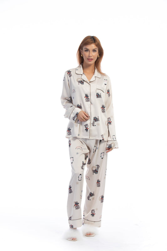 Free Shipping For Cute Animal Print White Silky Satin Pajamas Set