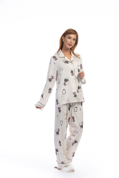 Free Shipping For Cute Animal Print White Silky Satin Pajamas Set