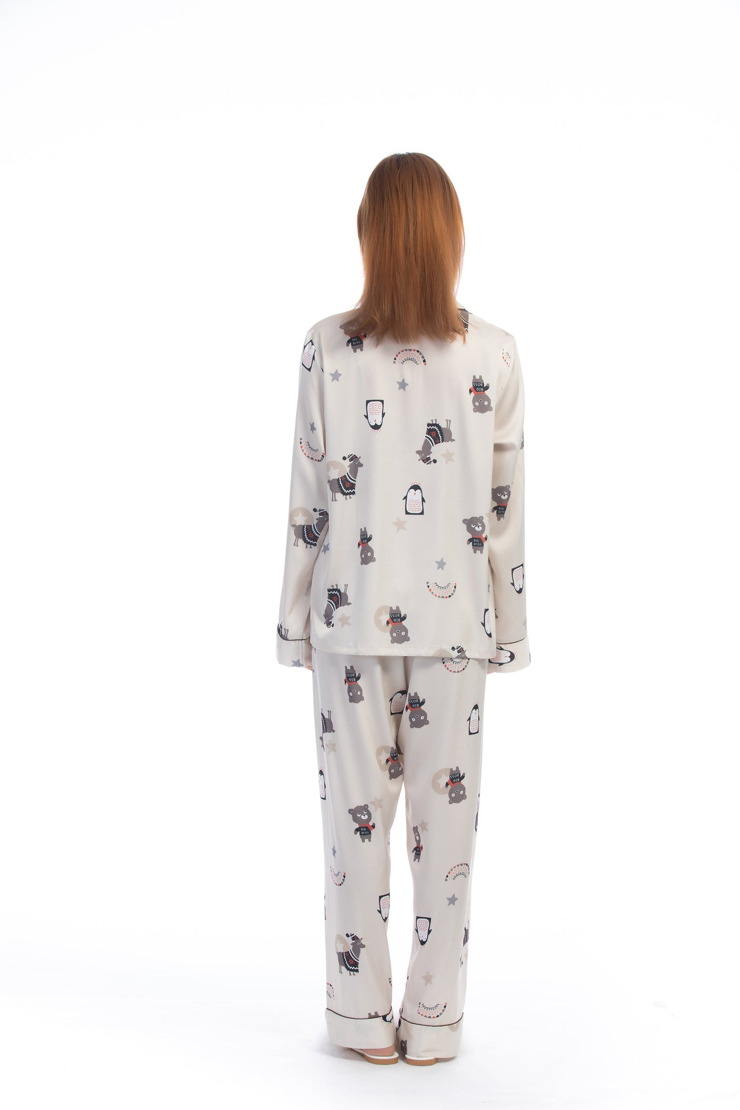 Free Shipping For Cute Animal Print White Silky Satin Pajamas Set