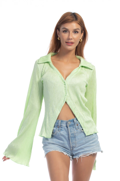 Free Shipping For Fluorescent Green Silk Shirt Long Sleeve Top