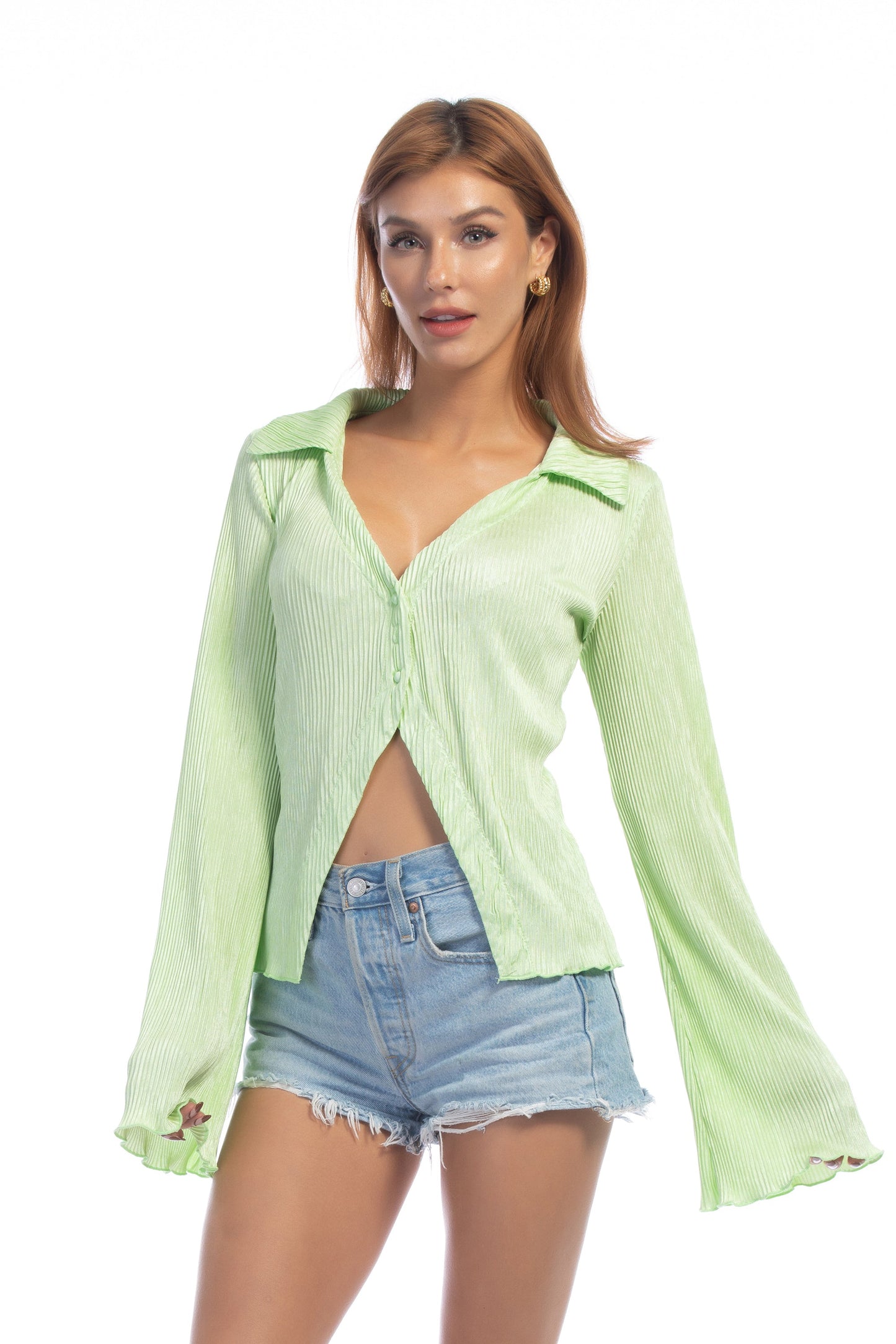 Free Shipping For Fluorescent Green Silk Shirt Long Sleeve Top