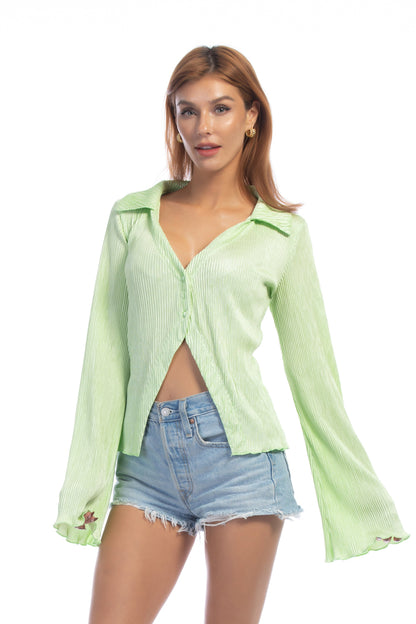 Free Shipping For Fluorescent Green Silk Shirt Long Sleeve Top