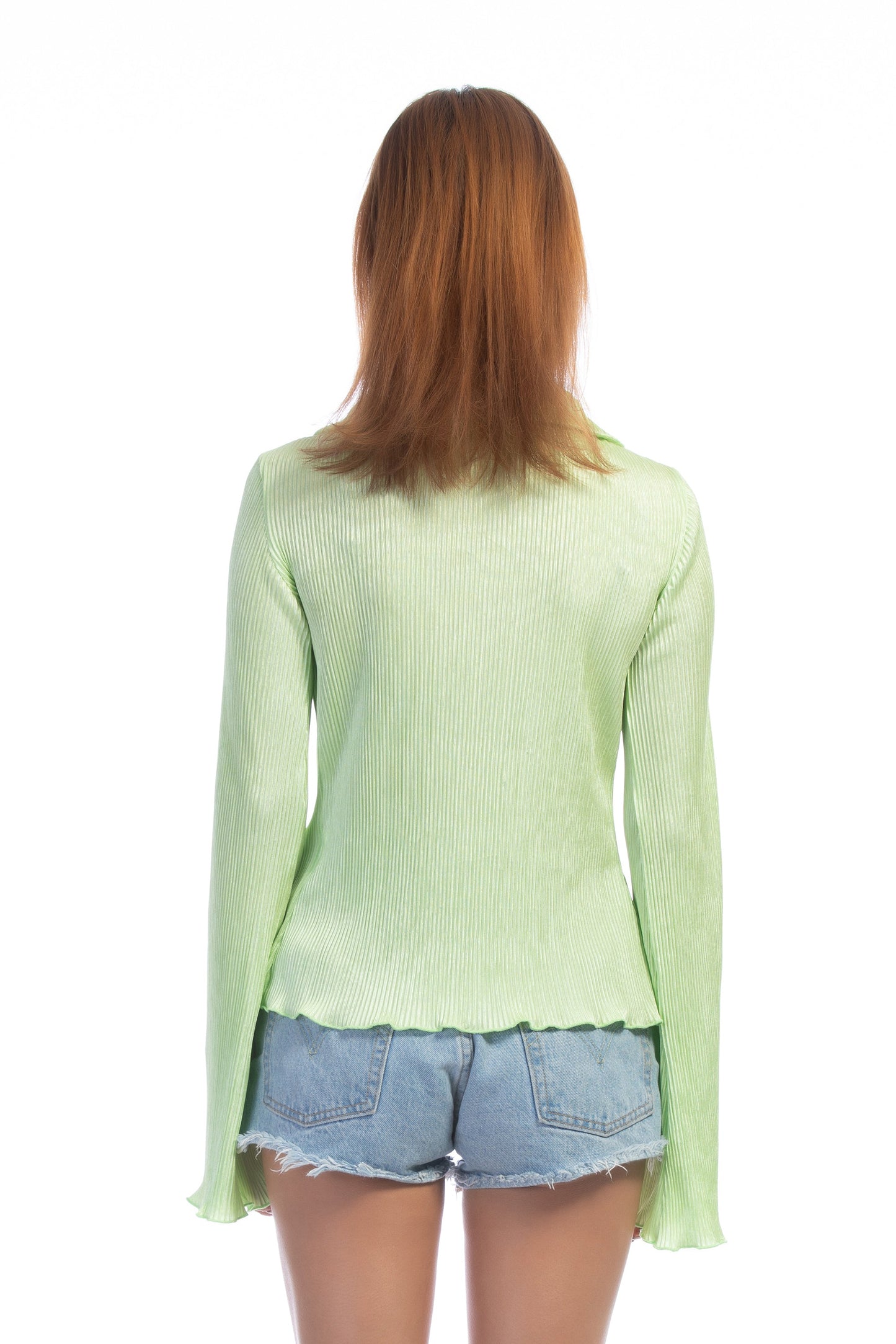 Free Shipping For Fluorescent Green Silk Shirt Long Sleeve Top