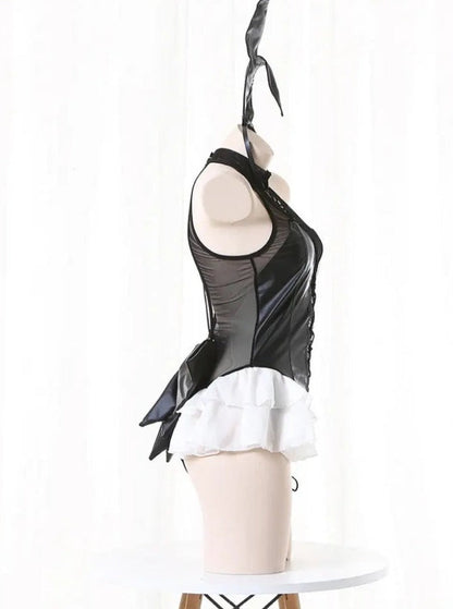 Free Shipping For 'Black Rabbit' Anime Girl Pu Leather Lace Up Lingerie