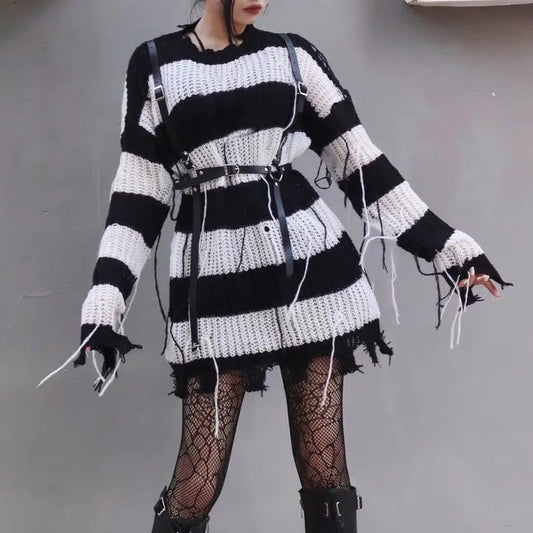 Free Shipping For 'Blight' Grunge Black & White Striped Sweater