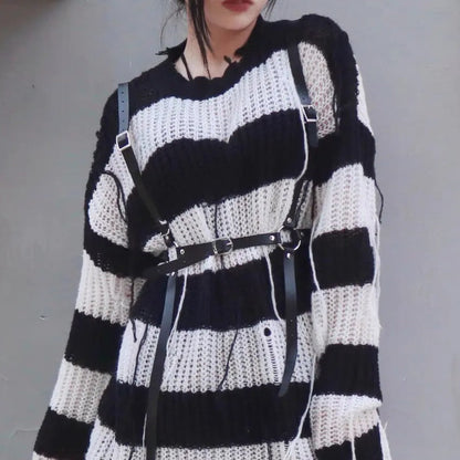 Free Shipping For 'Blight' Grunge Black & White Striped Sweater