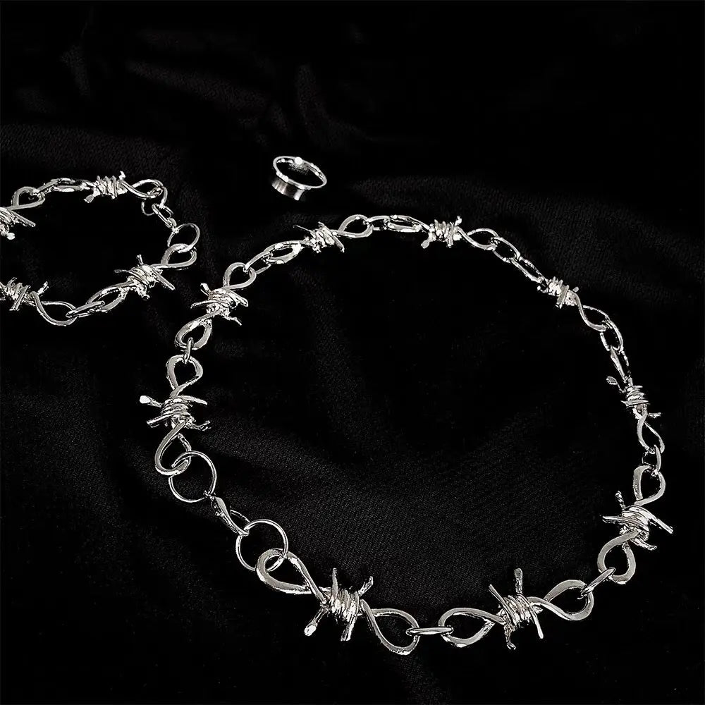 Free Shipping For 'Bramble' Punk Thorns Silver Metal Necklace Bracelet Set