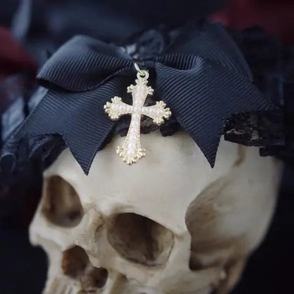 Free Shipping For  Lace Bowknot Cross Pendants Choker