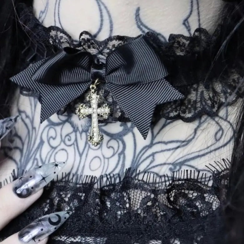 Free Shipping For  Lace Bowknot Cross Pendants Choker