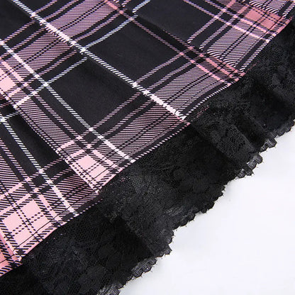 Free Shipping For 'Bubblegum' Egirl Pink Plaid Lace Skirt