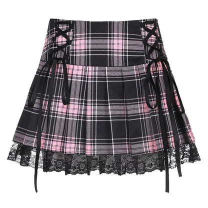 Free Shipping For 'Bubblegum' Egirl Pink Plaid Lace Skirt