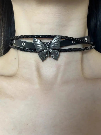 Free Shipping For 'Wilderness' Dark Leather Butterfly Choker Necklace Set