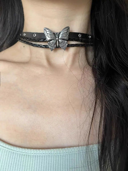 Free Shipping For 'Wilderness' Dark Leather Butterfly Choker Necklace Set