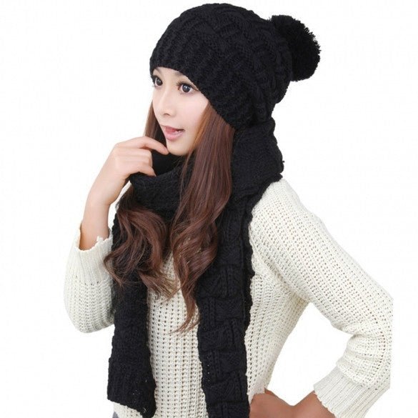 Women's Winter Knitted Scarf And Hat Set Thicken Knitting Skullcaps