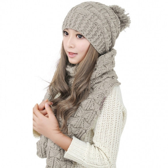 Women's Winter Knitted Scarf And Hat Set Thicken Knitting Skullcaps