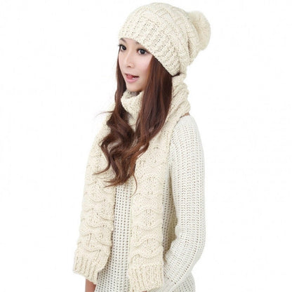 Women's Winter Knitted Scarf And Hat Set Thicken Knitting Skullcaps