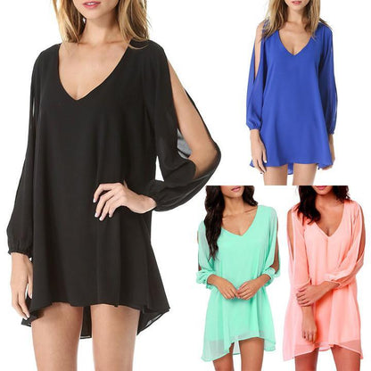 V-Neck Split Long Sleeve Chiffon Loose Short Dress