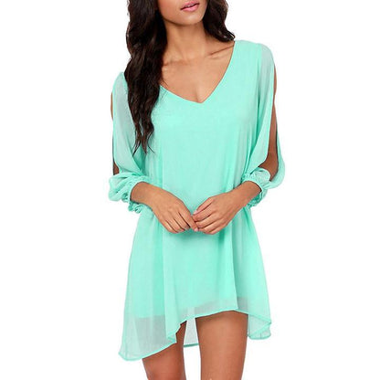 V-Neck Split Long Sleeve Chiffon Loose Short Dress