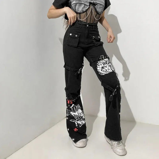 Free Shipping For 'Cannibal' Graffiti Print Buckle High Waist Cargo