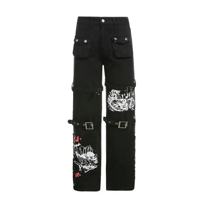 Free Shipping For 'Cannibal' Graffiti Print Buckle High Waist Cargo