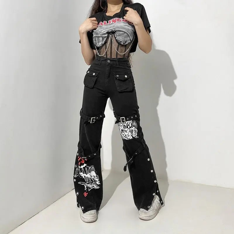 Free Shipping For 'Cannibal' Graffiti Print Buckle High Waist Cargo