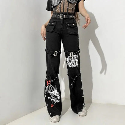 Free Shipping For 'Cannibal' Graffiti Print Buckle High Waist Cargo