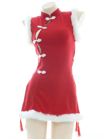 Free Shipping For 'Chun-Li' Red Fluffy Hem Split Costume Dress