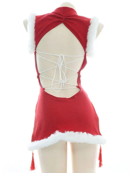 Free Shipping For 'Chun-Li' Red Fluffy Hem Split Costume Dress