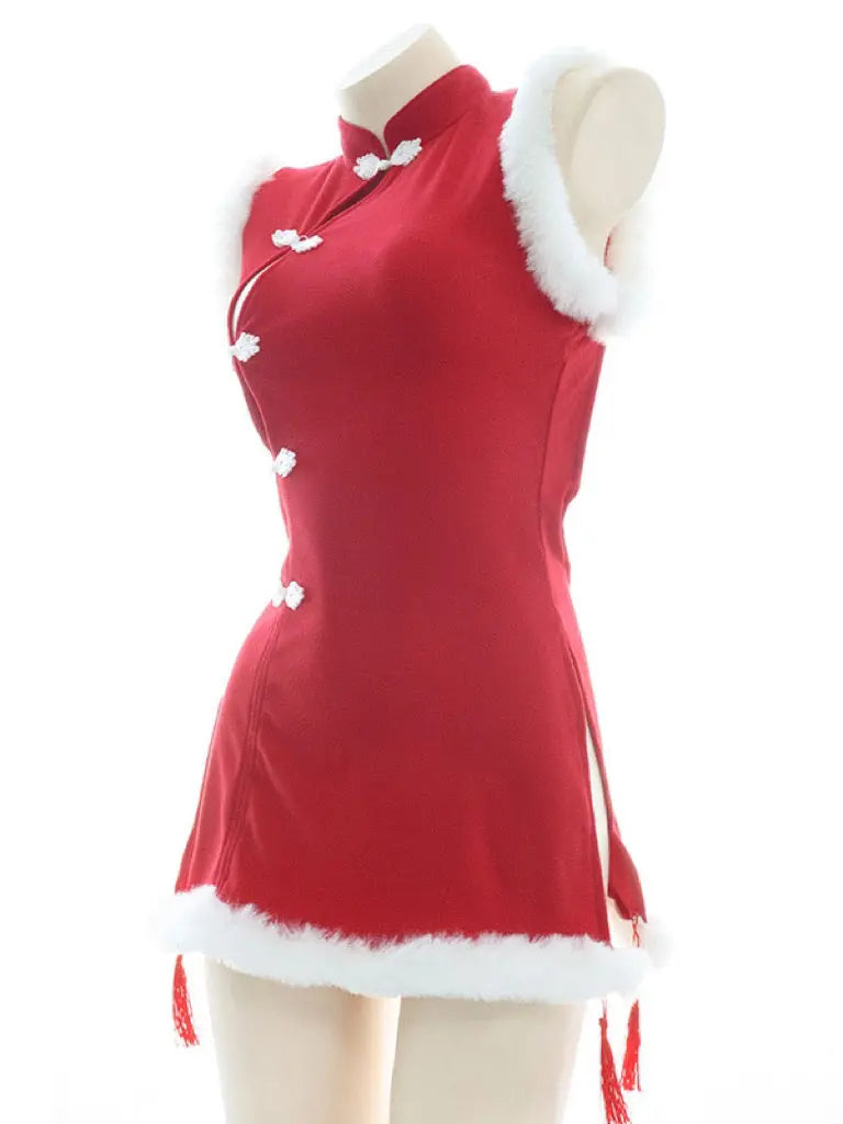 Free Shipping For 'Chun-Li' Red Fluffy Hem Split Costume Dress