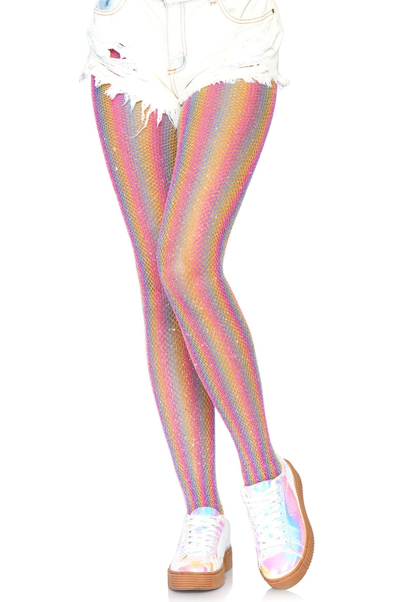 Free Shipping For Colored Lurex Shimmer Rainbow Striped Fishnet Tights