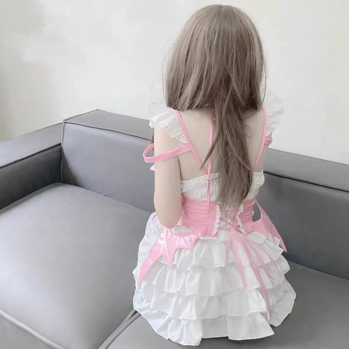 Free Shipping For 'Cream Soda' Ruffled Cross Strap Wings Corset Dress