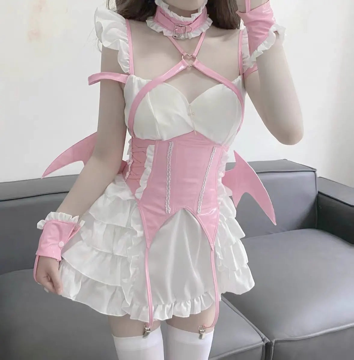 Free Shipping For 'Cream Soda' Ruffled Cross Strap Wings Corset Dress