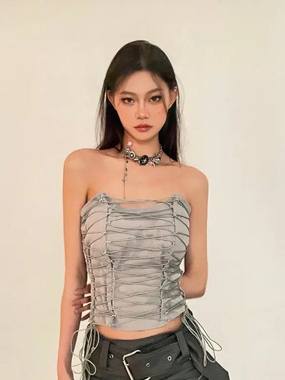 Free Shipping For 'Cretaceous' Future Grey Lace-Up Tube Top