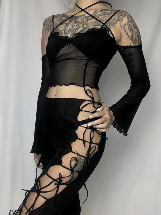 Free Shipping For 'Curiosity' Goth Lace-Up Bell Pants