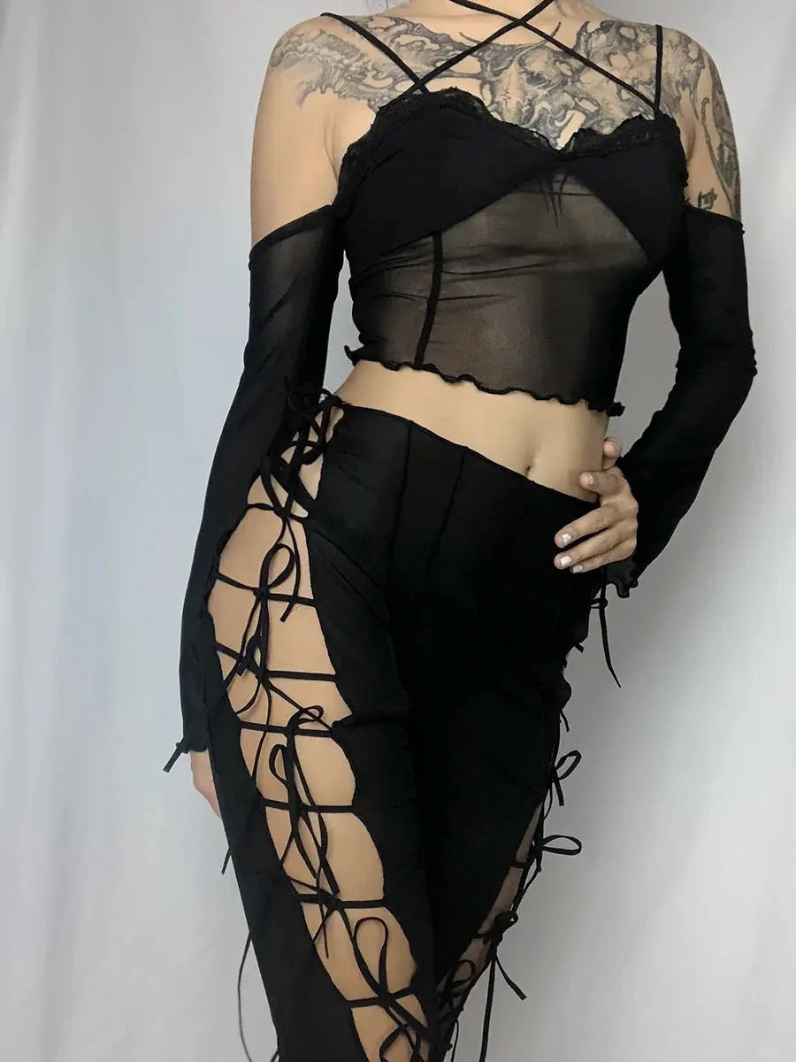 Free Shipping For 'Curiosity' Goth Lace-Up Bell Pants