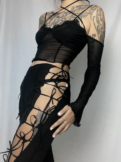 Free Shipping For 'Curiosity' Goth Lace-Up Bell Pants