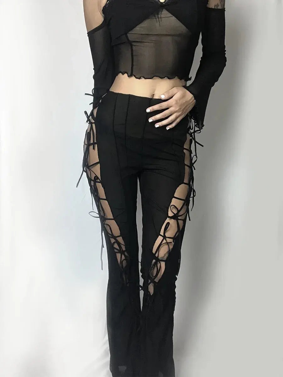 Free Shipping For 'Curiosity' Goth Lace-Up Bell Pants