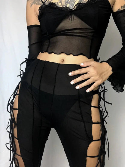 Free Shipping For 'Curiosity' Goth Lace-Up Bell Pants